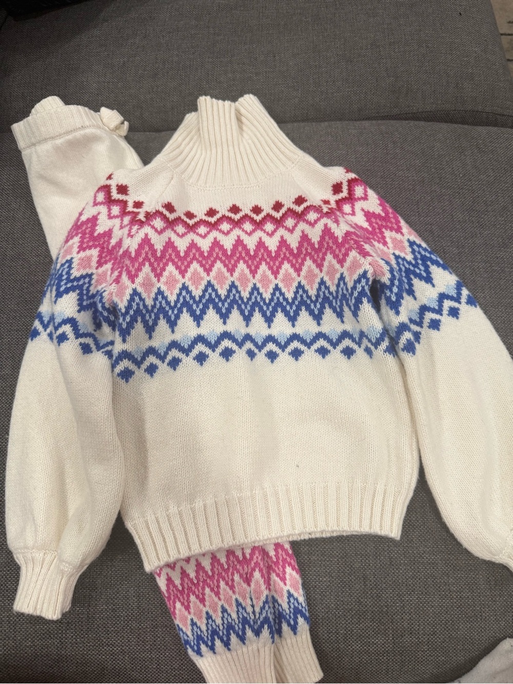 Janie and Jack Cream Turtleneck Sweater Set with Pink & Blue Fair Isle